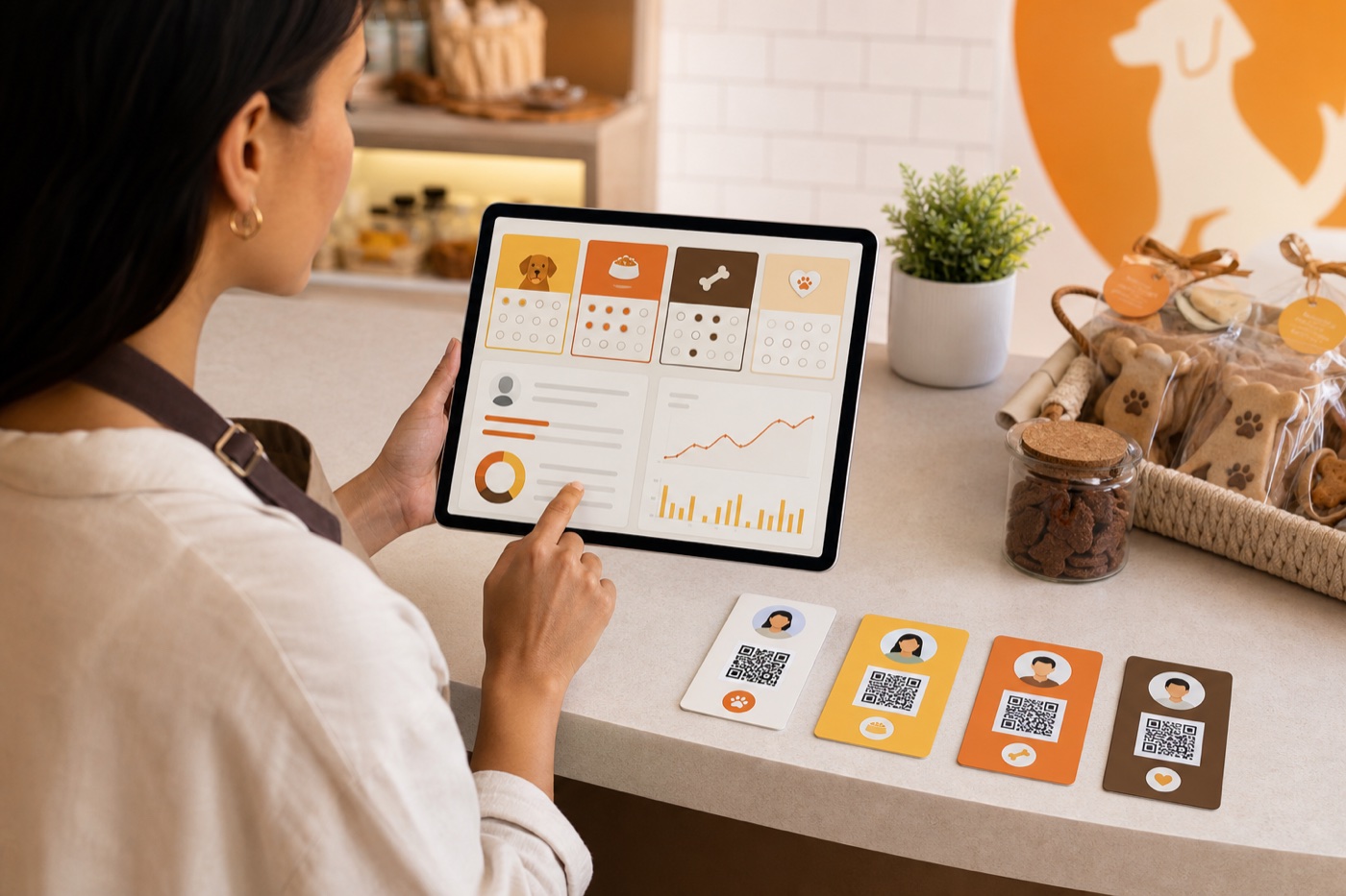 Comerciante revisa en una tablet varios programas de fidelización y tarjetas QR únicas para sus clientes